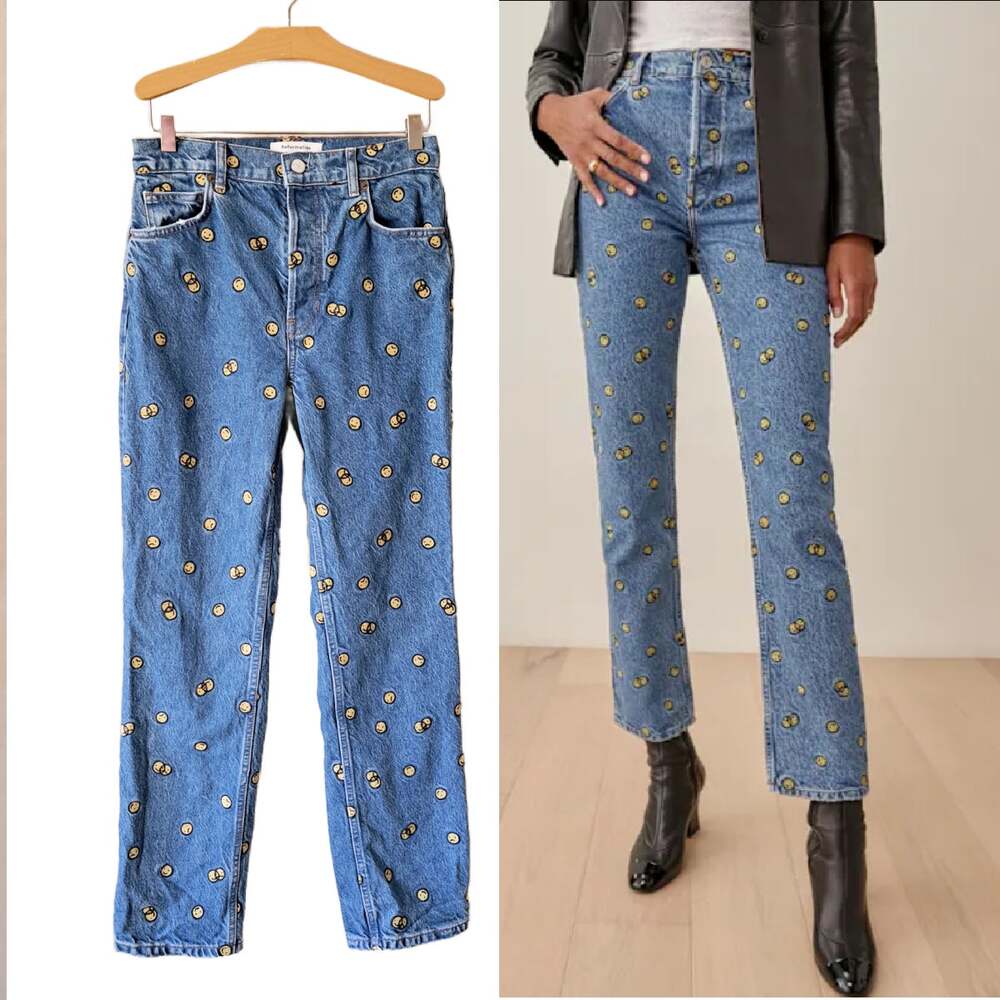 Reformation Mixed Emotions High Rise Straight Leg Jeans Smile Face Size 26